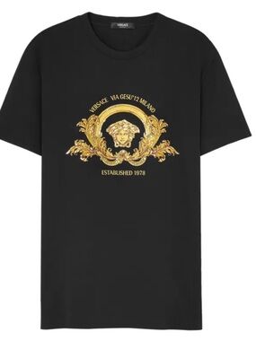 Versace Black T-Shirt with Gold Baroque Medusa Emblem